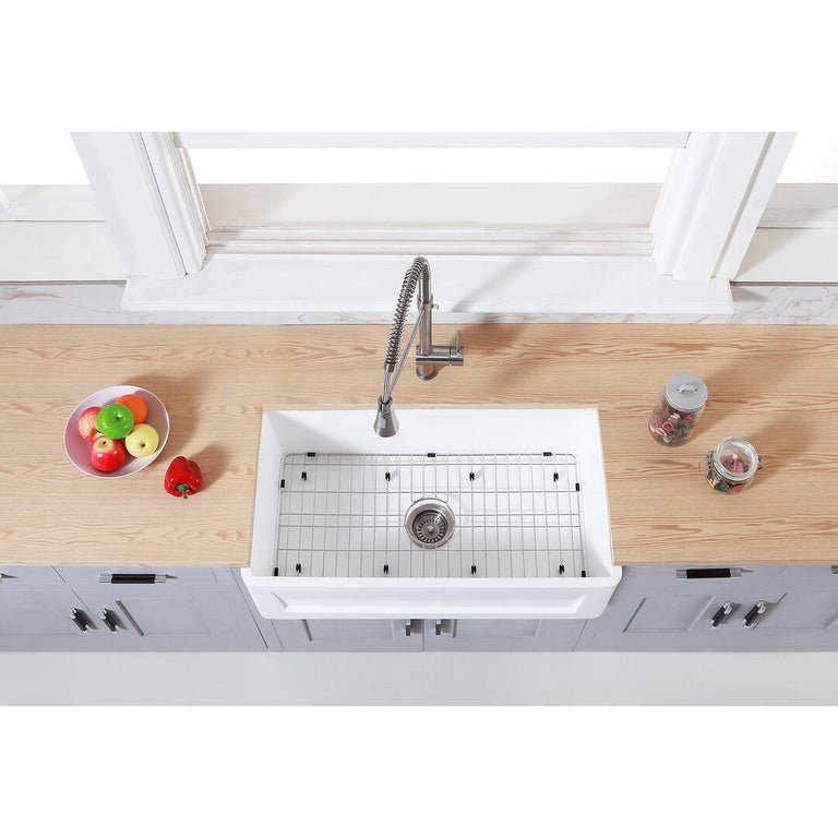 Kingston Brass 36 In Farmhouse Kitchen Sink With Strainer And Grid, Matte White/Brushed, KGKFA361810SQ