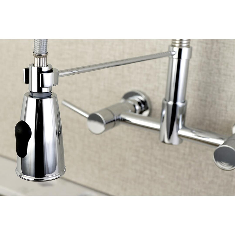 Kingston Brass Concord Two-Handle Wall Mounted Pull-Down Sprayer Kitchen Faucet in Polished Chrome, GS8281DL