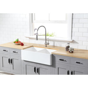 Kingston Brass 33 In. Double Bowl Farmhouse Kitchen Sink, Matte White, GKFA331810BCD