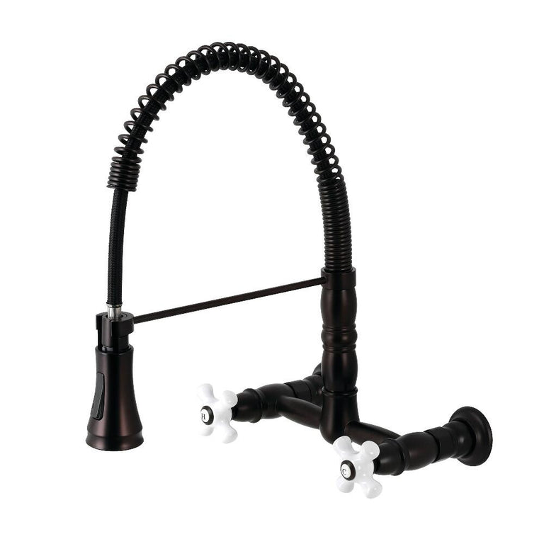 Kingston Brass Wall Mount Pull-Down Sprayer Kitchen Faucet In Oil Rubbed Bronze, GS1245PX