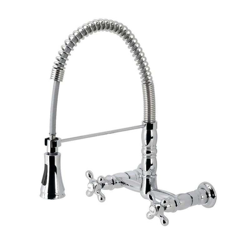 Kingston Brass Wall Mount Pull-Down Sprayer Kitchen Faucet In Polished Chrome, GS1241AX