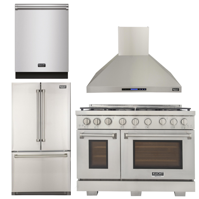 Kucht Professional 48 in. Natural Gas Range in Stainless Steel, Wall Range Hood, Refrigerator, and Dishwasher, AP-KFX480-5