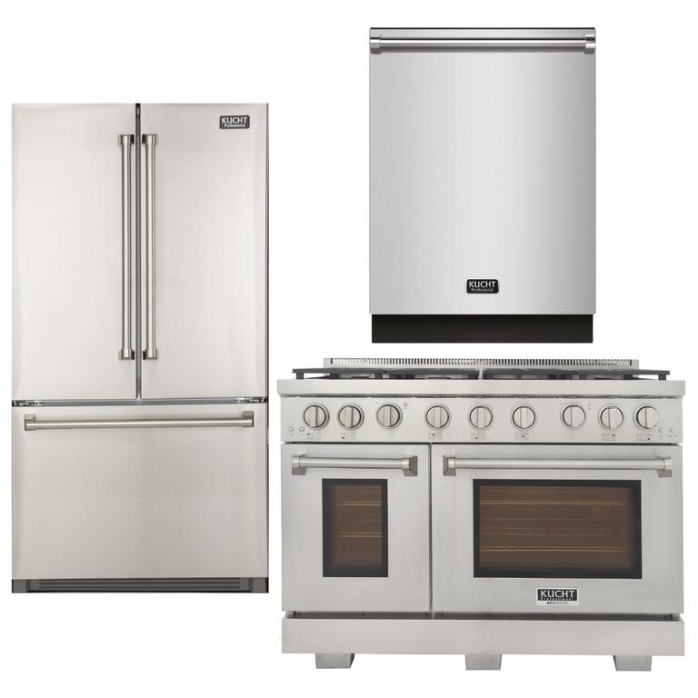 Kucht Professional 48 in. Natural Gas Range in Stainless Steel, Wall Range Hood and Refrigerator, AP-KFX480-2