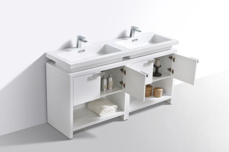 KubeBath Levi 63 in. Modern Bathroom Vanity w/ Cubby Hole - High Gloss White, L1600GW
