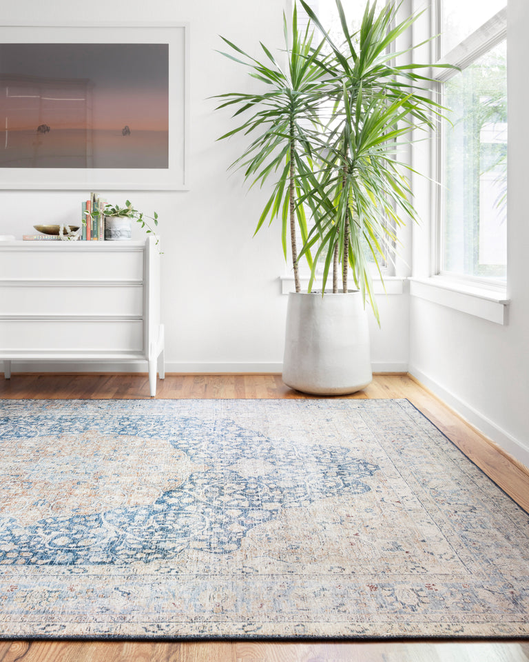 Loloi II Layla Collection Rug in Blue, Tangerine - 2.5' x 7'6"