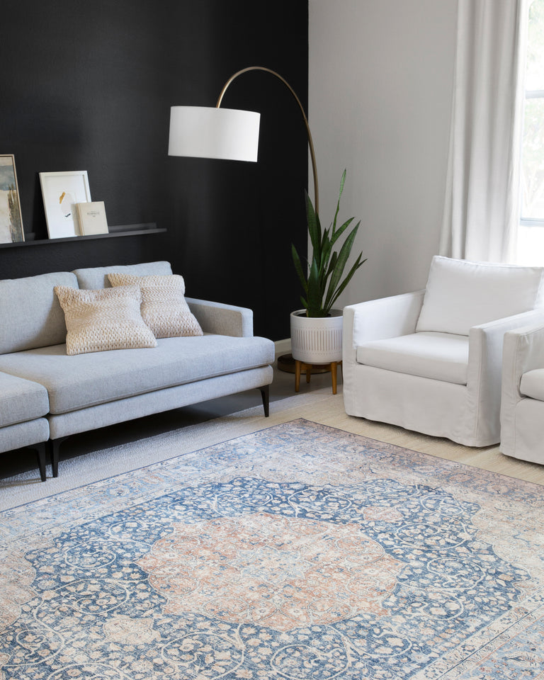 Loloi II Layla Collection Rug in Blue, Tangerine - 2.5' x 7'6"