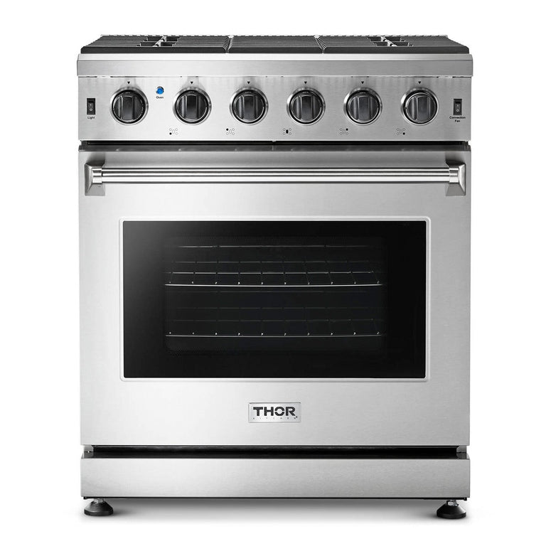 Thor Kitchen Package - 30" Propane Gas Range, Range Hood, Microwave, Refrigerator with Water and Ice Dispenser, Dishwasher