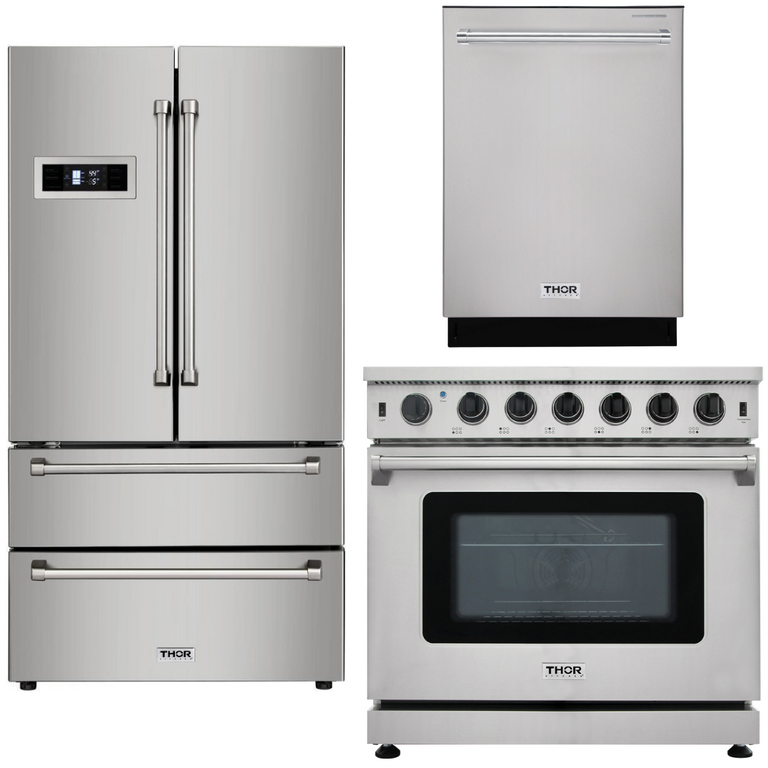 Thor Kitchen Appliance Bundle - 36 in. Gas Range, Refrigerator, Dishwasher, AP-LRG3601U-2