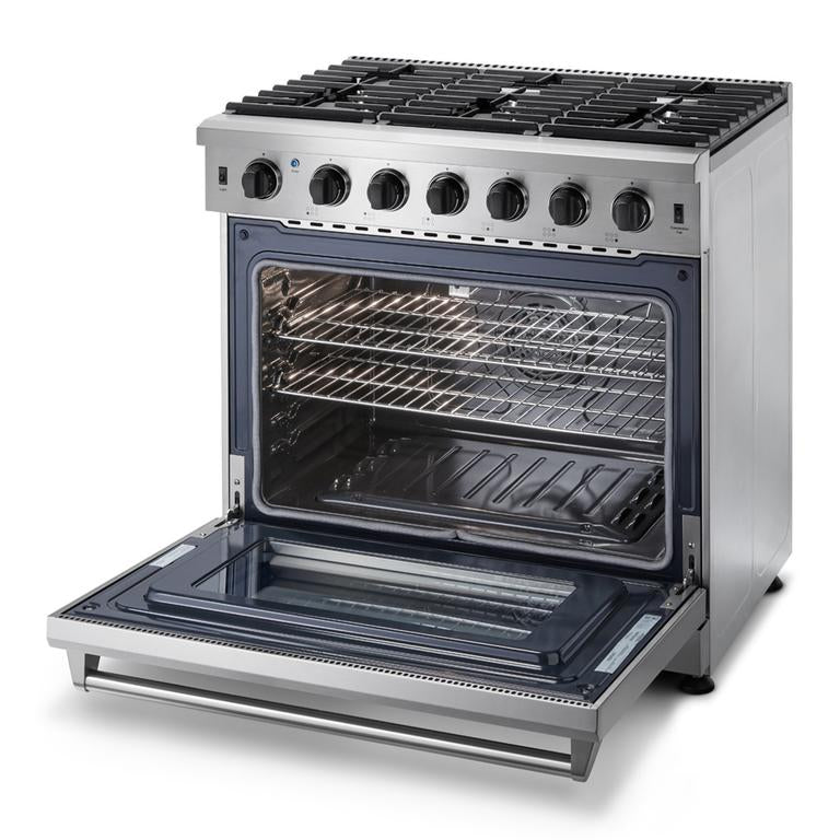 Thor Kitchen Appliance Bundle - 36 in. Natural Gas Range, Range Hood, Refrigerator, Dishwasher, Wine Cooler, AB-LRG3601U-4