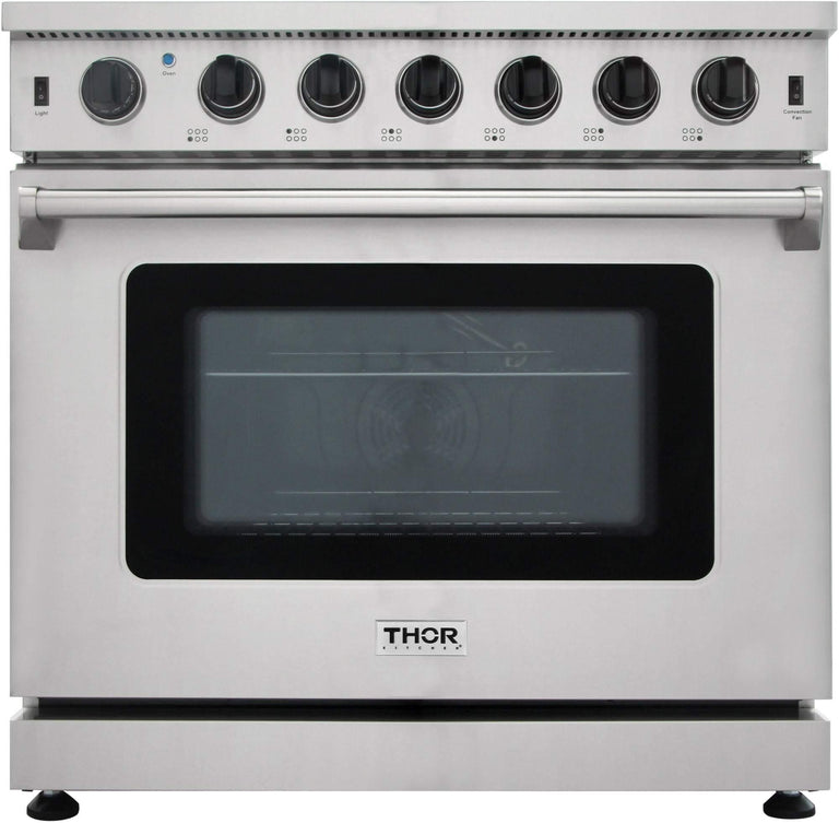 Thor Kitchen Appliance Bundle - 36 in. Gas Range, Range Hood, Refrigerator, Dishwasher, AB-LRG3601U-3