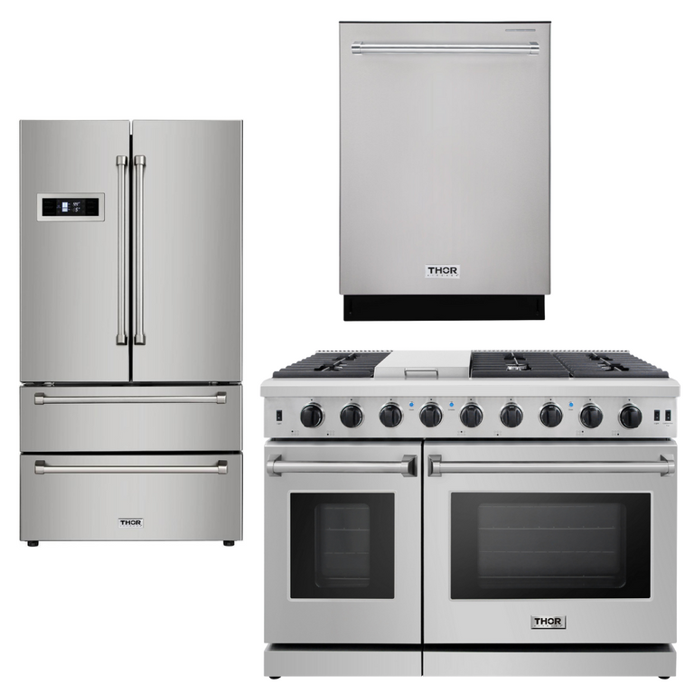 Thor Kitchen Appliance Bundle - 48 in. Gas Range, Dishwasher, Refrigerator - Stainless Steel
