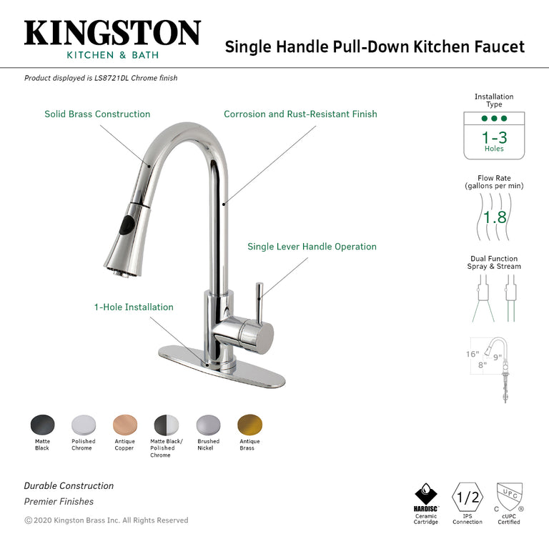 Kingston Brass Single-Handle Pull-Down Sprayer Kitchen Faucet in Polished Chrome, LS8721DL