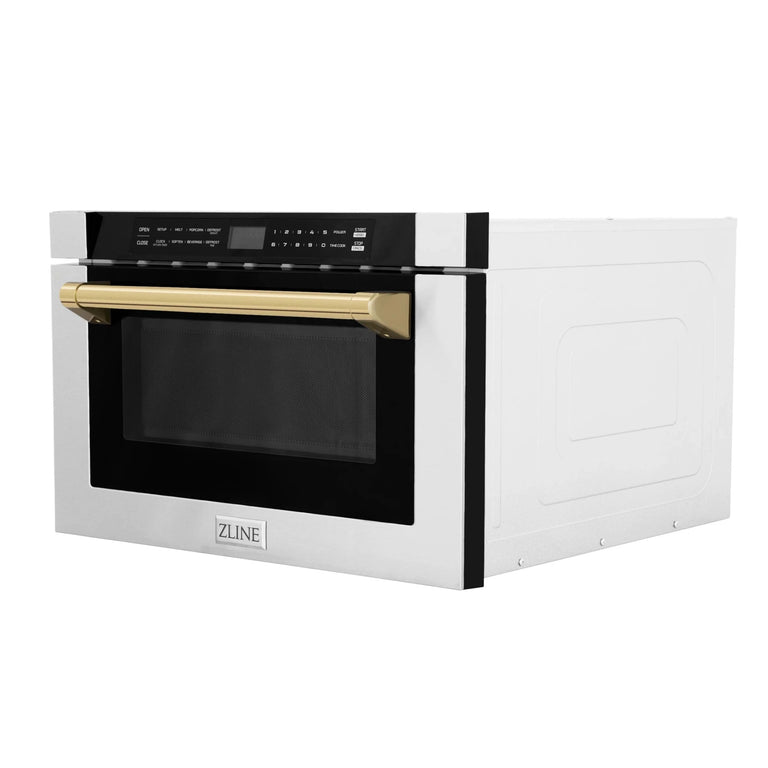 ZLINE Autograph Edition 24" 1.2 cu. ft. Built-in Microwave Drawer with a Traditional Handle in Stainless Steel and Gold Accents, MWDZ-1-H-G