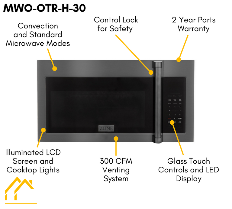 ZLINE Over the Range Convection Microwave Oven in Black Stainless Steel with Traditional Handle and Sensor Cooking, MWO-OTR-H-30-BS