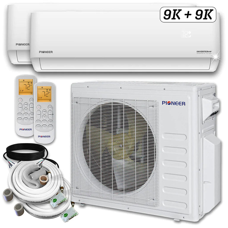 Pioneer® Mini Split 18,000 BTU 2 Zone Ductless Air Conditioner and Heat Pump with 10 ft. Install Kits, WYT020GLHI22M2-9W-9W-10