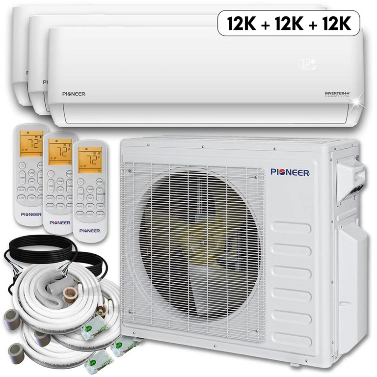 Pioneer® Mini Split 36,000 BTU 3 Zone Ductless Air Conditioner and Heat Pump with 10 ft. Kits, WYT040GLHI22M4-12W-12W-12W-10