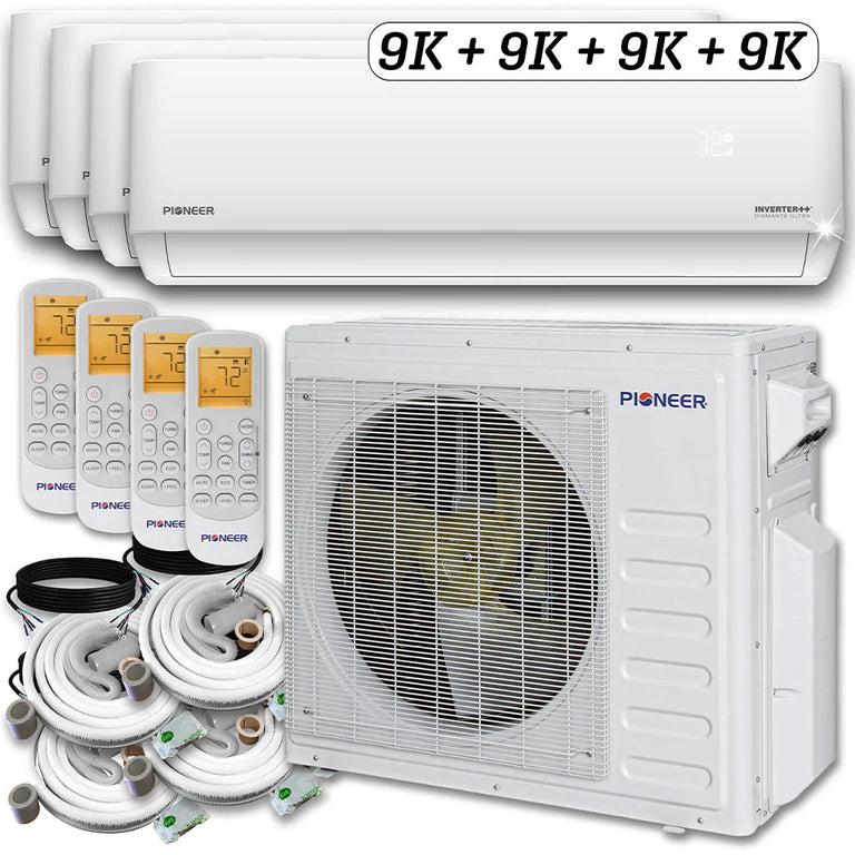 Pioneer® Mini Split 36,000 BTU 4 Zone Ductless Air Conditioner and Heat Pump with 50 ft. Kits, WYT040GLHI22M4-9W-9W-9W-9W-50