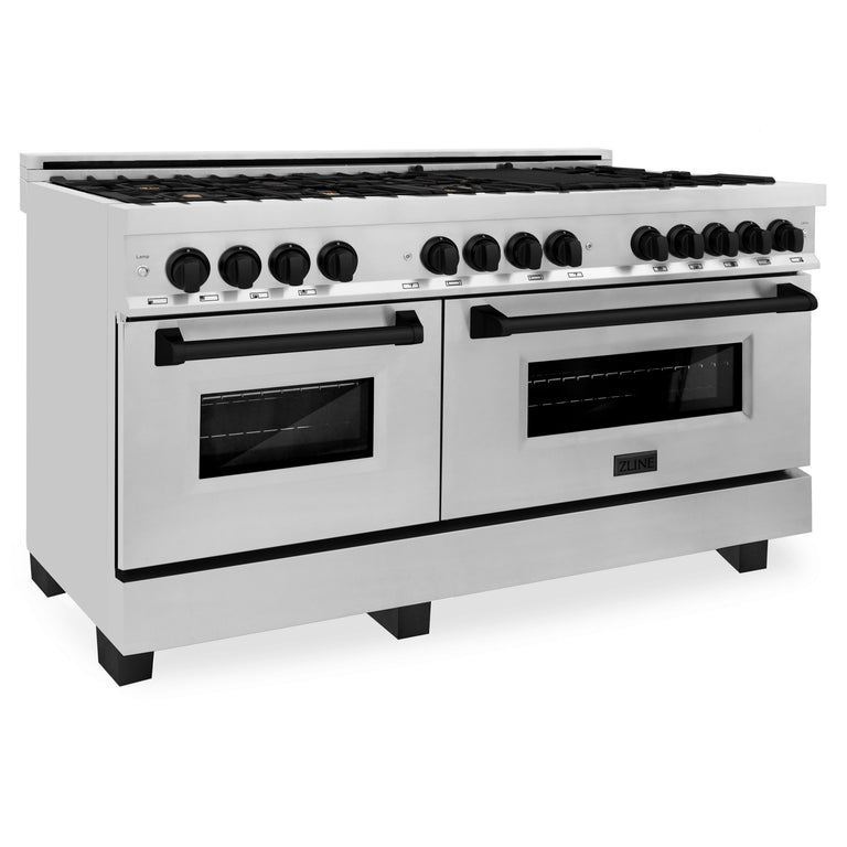 ZLINE Autograph Edition 60 in. 7.4 cu. ft. Gas Burner/Electric Oven Range in Stainless Steel with Matte Black Accents, RAZ-60-MB