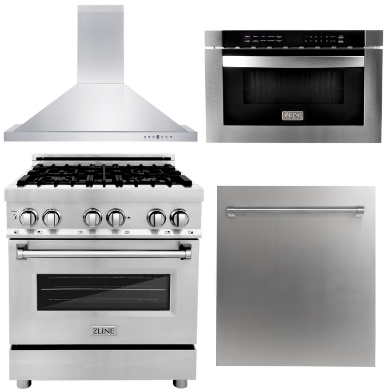 ZLINE Kitchen and Bath Appliance Package 4 Piece Bundle - 30 in. Dual Fuel Range, 30 in. Range Hood, Microwave Drawer & Dishwasher, AB-RA30-3