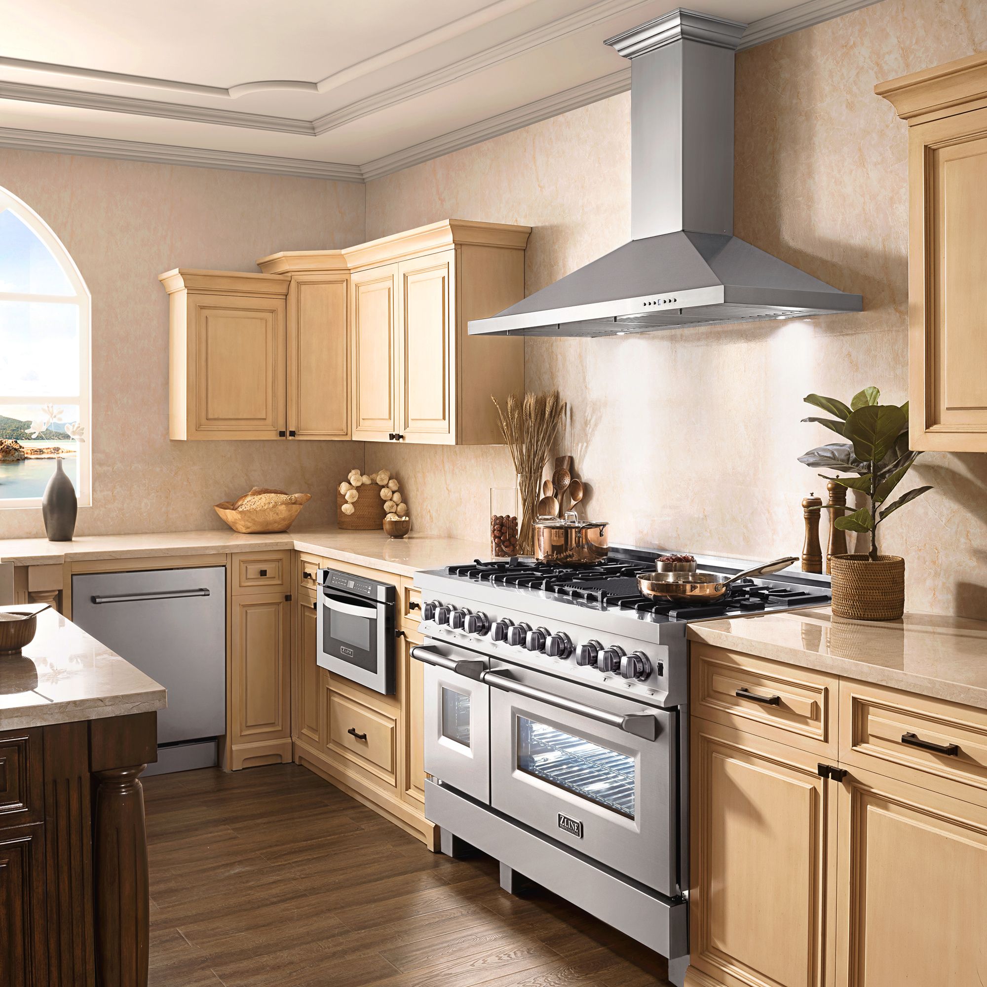 Full Kit Ranges ZLINE Appliance Package - 48 in. Dual Fuel Range, Range Hood, Microwav ...
