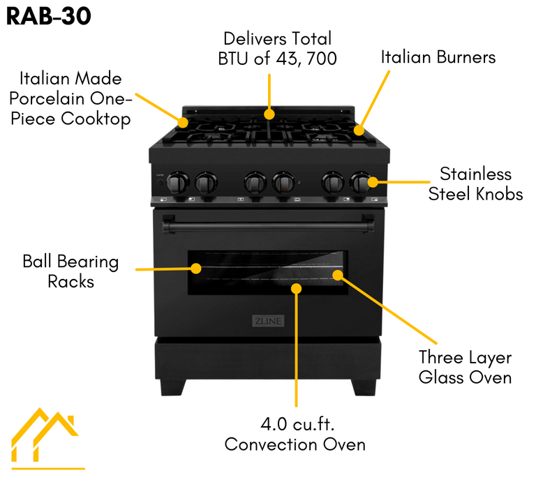 ZLINE Appliance Package - 30 in. Dual Fuel Range, Range Hood, Microwave & Dishwasher in Black Stainless Steel, 4KP-RABRH30-MWDW