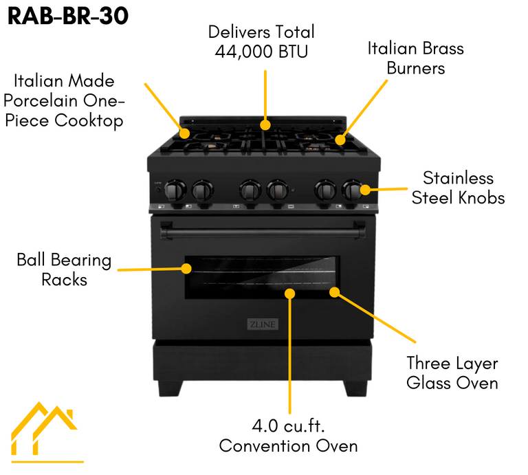 ZLINE 30 in. Professional Gas Burner/Electric Oven in Black Stainless Steel with Brass Burners, RAB-BR-30
