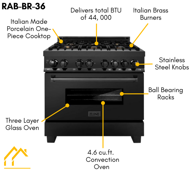 ZLINE Package - 36" Dual Fuel Range, Range Hood, Microwave, Dishwasher in Black Stainless