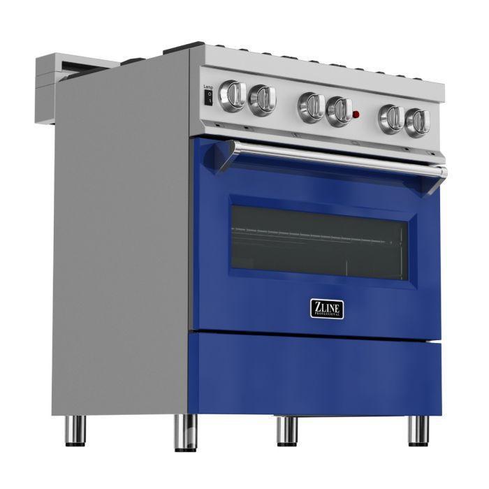 ZLINE 30" Dual Fuel Range in DuraSnow® with Blue Gloss Door & 30" Range Hood Appliance Package, 2KP-RASBGRH30