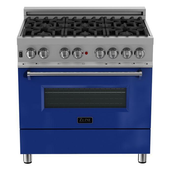 ZLINE 36" Dual Fuel Range in DuraSnow® with Blue Gloss Door & 36" Range Hood Appliance Package, 2KP-RASBGRH36
