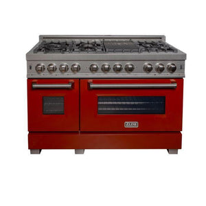 ZLINE 48 in. Dual Fuel Range with Red Gloss Door & 48 in. Range Hood Appliance Package, 2KP-RASRGRH48