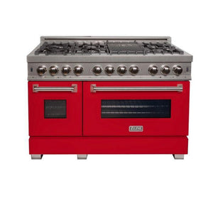 ZLINE 48" Dual Fuel Range with Red Matte Door & 48" Range Hood Appliance Package, 2KP-RASRMRH48