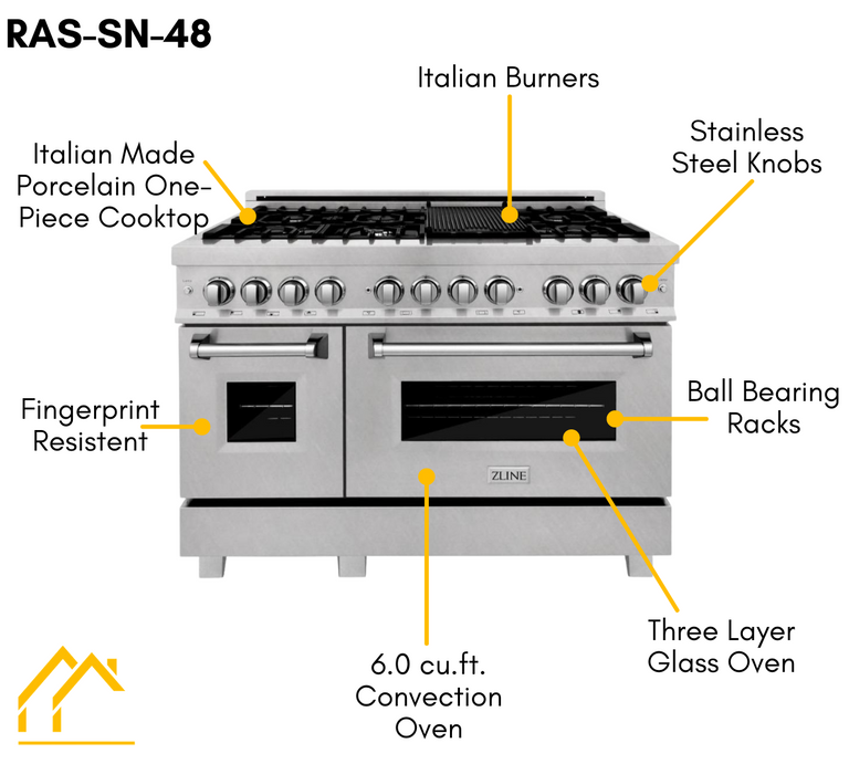 ZLINE 48 in. Professional Gas Burner/Electric Oven in DuraSnow® Stainless with 6.0 cu.ft. Oven, RAS-SN-48