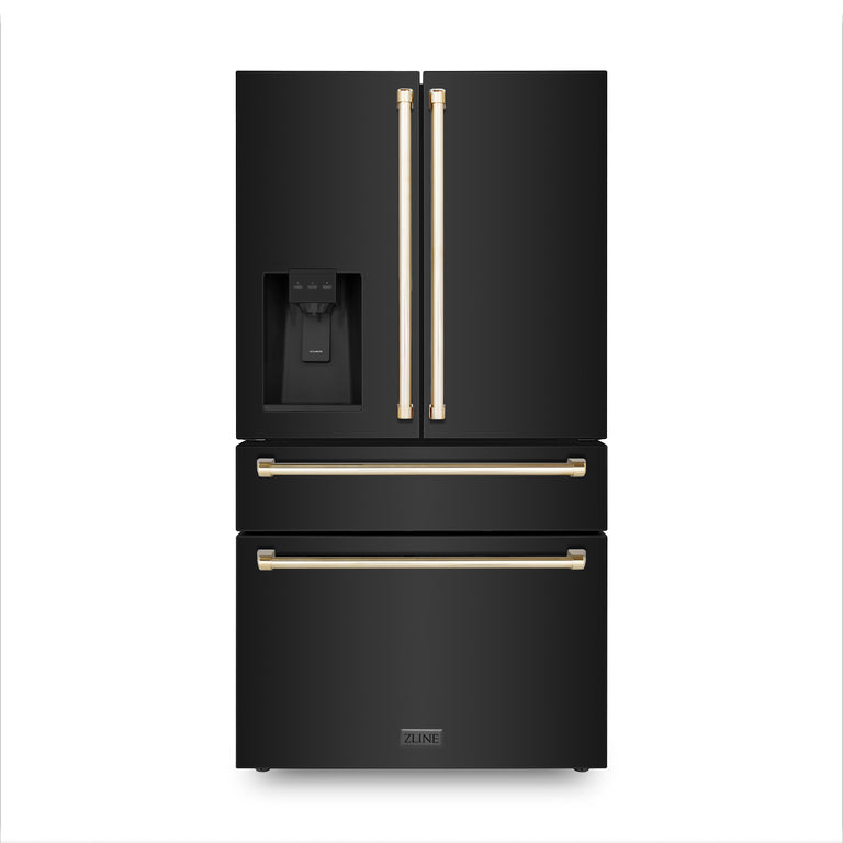 ZLINE Autograph Package - 36" Gas Range, Range Hood, Refrigerator with Water and Ice Dispenser, and Dishwasher in Black Stainless with Gold Accents
