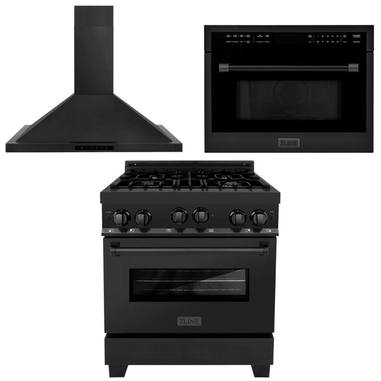 ZLINE Appliance Package - 30 in. Gas Range, Range Hood, and Microwave Oven in Black Stainless Steel, 3KP-RBGRH30-MO