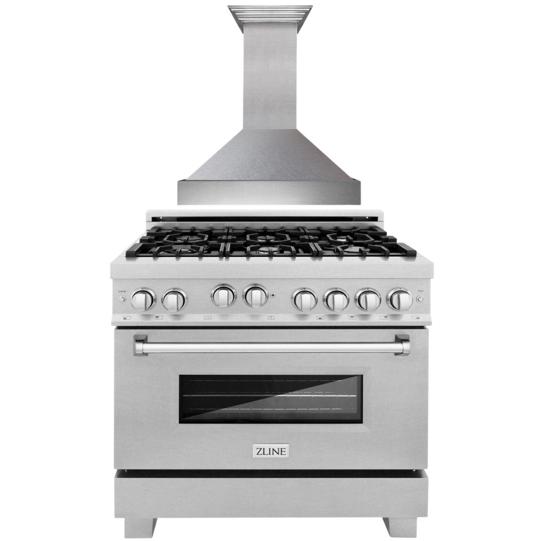 ZLINE 36" Professional Gas Range in DuraSnow® Stainless Steel & 36" Ra