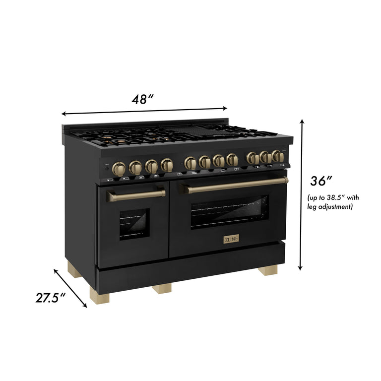 ZLINE Autograph 48 in. Gas Burner/Electric Oven Range in Black Stainless Steel and Champagne Bronze Accents, RABZ-48-CB