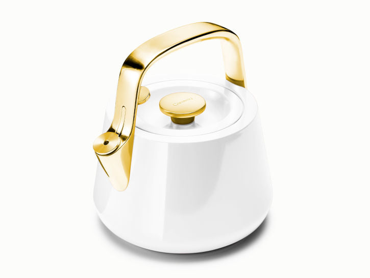 Caraway Whistling Tea Kettle in White with Gold Accents