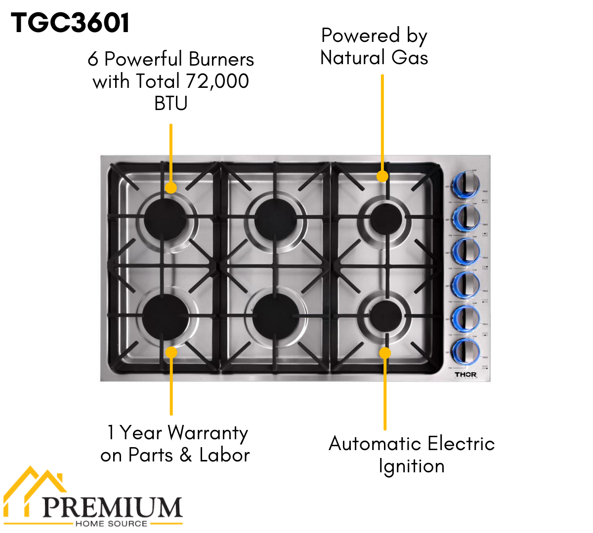 THOR 36 in. Drop-in Natural Gas Cooktop in Stainless Steel, TGC3601