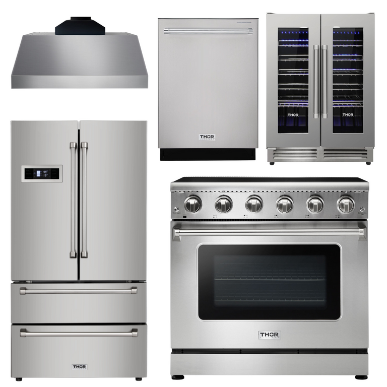 Thor Package - 36" Electric Range, Range Hood, Refrigerator, Dishwasher, Wine Cooler, AP-HRE3601-C-3