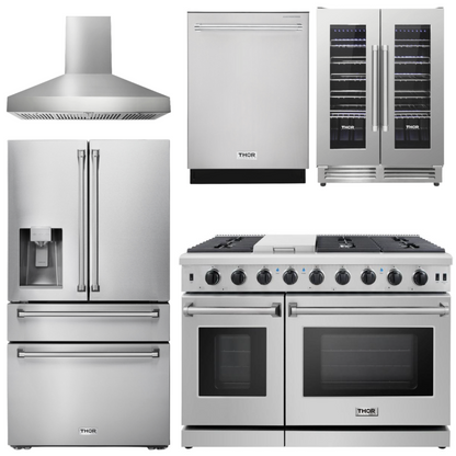 THOR Package - 48" Propane Gas Range, Range Hood, Refrigerator with Water and Ice Dispenser, Dishwasher, Wine Cooler, AP-LRG4807ULP-W-8