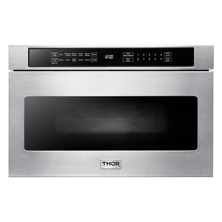 Thor Kitchen Package - 36" Propane Gas Range, Range Hood, Microwave, Refrigerator with Water and Ice Dispenser, Dishwasher, AP-LRG3601ULP-C-9
