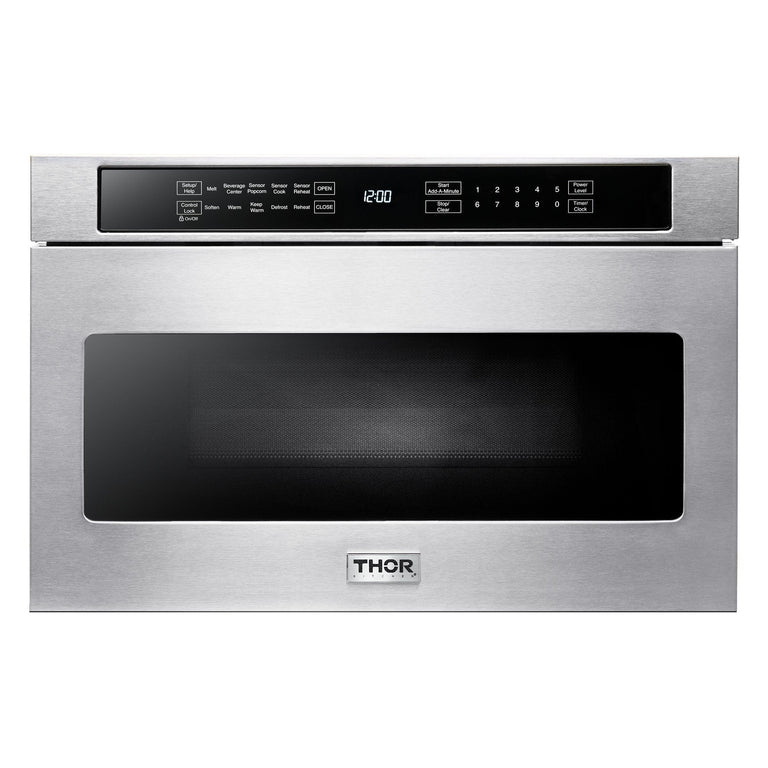 Thor Kitchen Package - 36" Electric Range, Range Hood, Microwave, Refrigerator with Water and Ice Dispenser, Dishwasher, AP-TRE3601-W-9