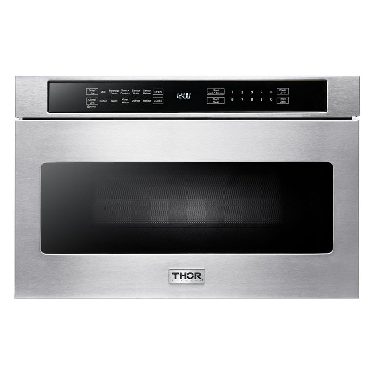 Thor Kitchen Package - 36" Electric Range, Range Hood, Microwave, Refrigerator with Water and Ice Dispenser, Dishwasher, Wine Cooler