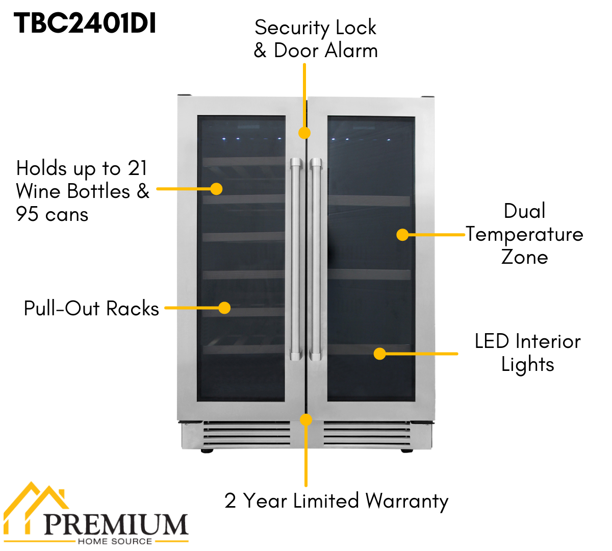 THOR Kitchen 24 21 Bottle 95-Can Wine Cooler, TBC2401DI