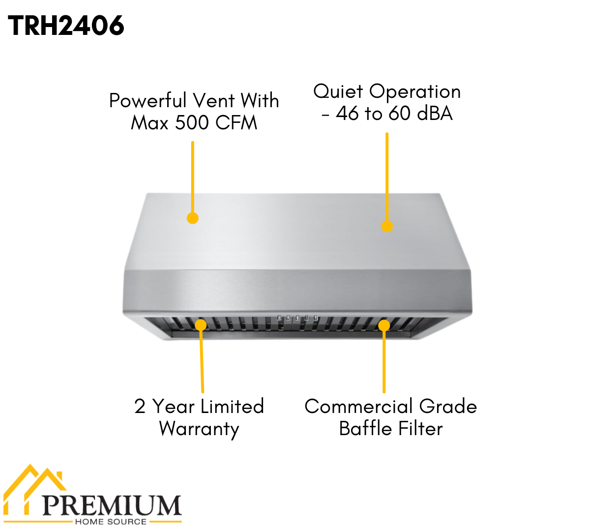 Thor Kitchen 24 in. 500 CFM Under Cabinet Range Hood in Stainless Steel, TRH2406