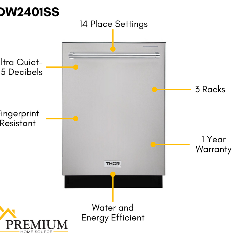 Thor Kitchen Appliance Package - 36 In. Gas Range, Range Hood, Microwave Drawer, Refrigerator with Water and Ice Dispenser, Dishwasher, Wine Cooler, AP-TRG3601-C-10