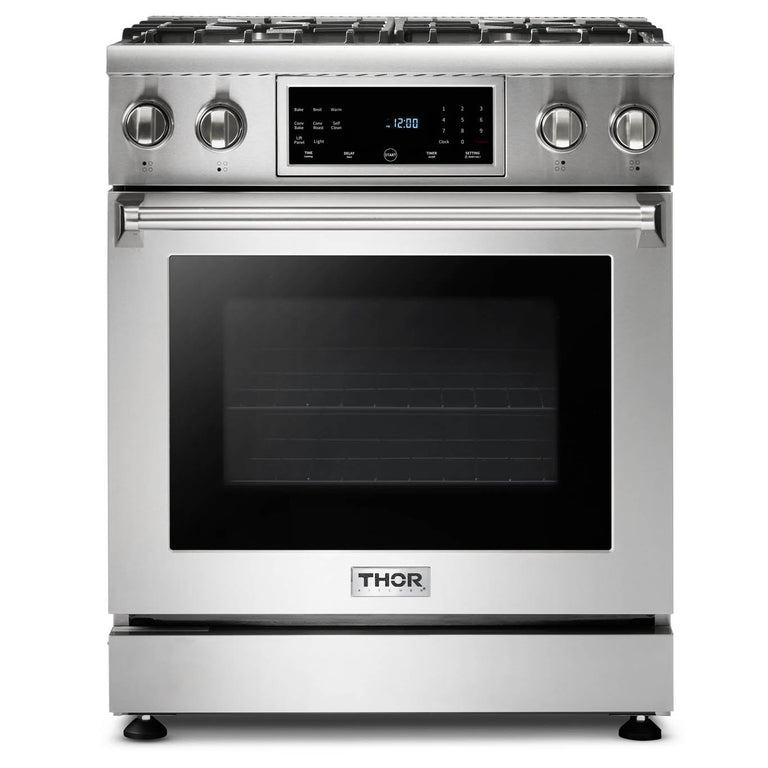 Thor Kitchen Package - 30 In. Propane Gas Range, Range Hood, Microwave Drawer, Refrigerator with Water and Ice Dispenser, Dishwasher, AP-TRG3001LP-C-9