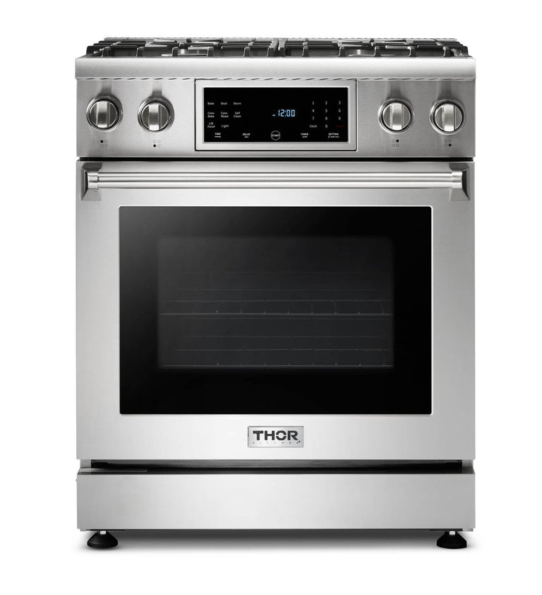 Thor Kitchen Package - 30 In. Propane Gas Range, Range Hood, Refrigerator with Water and Ice Dispenser, Dishwasher, Wine Cooler, AP-TRG3001LP-C-8