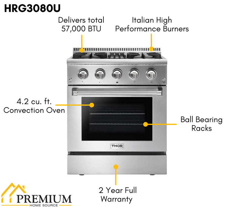 Thor Kitchen Package - 30 in. Professional Natural Gas Range, Range Hood, Microwave Drawer, Refrigerator, Dishwasher & Wine Cooler, AP-HRG3080U-8