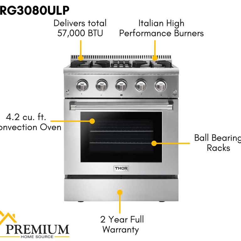 Thor Kitchen Package - 30 in. Professional Propane Gas Range, Range Hood, Microwave Drawer, Refrigerator, Dishwasher & Wine Cooler, AP-HRG3080ULP-8